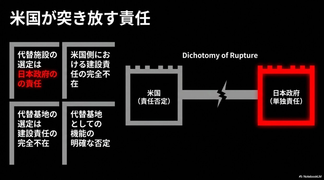 「米国が突き放す責任」というタイトルのもと、米国が責任を否定する一方で日本政府が単独で責任を負う「断絶の二項対立」を、建設責任の所在に関する4つの項目と共に図解したチャート。