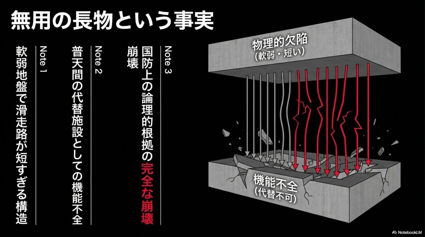 軟弱地盤により滑走路が短く機能不全に陥った物理的欠陥と、それによる国防上の論理的根拠の崩壊を、地盤が崩れる構造図と箇条書きで示した図解。