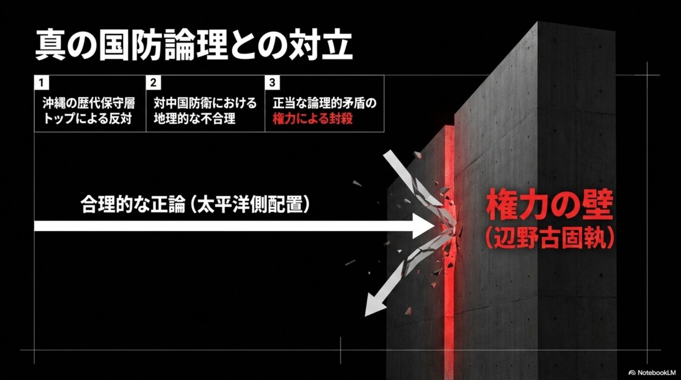 「真の国防論理との対立」という見出しの下、沖縄の保守層の反対、対中防衛上の不合理、論理的矛盾の封殺という3つの要点を列挙し、合理的な正論（太平洋側配置）が権力の壁（辺野古固執）によって遮られている様子を対比的に示した図解。