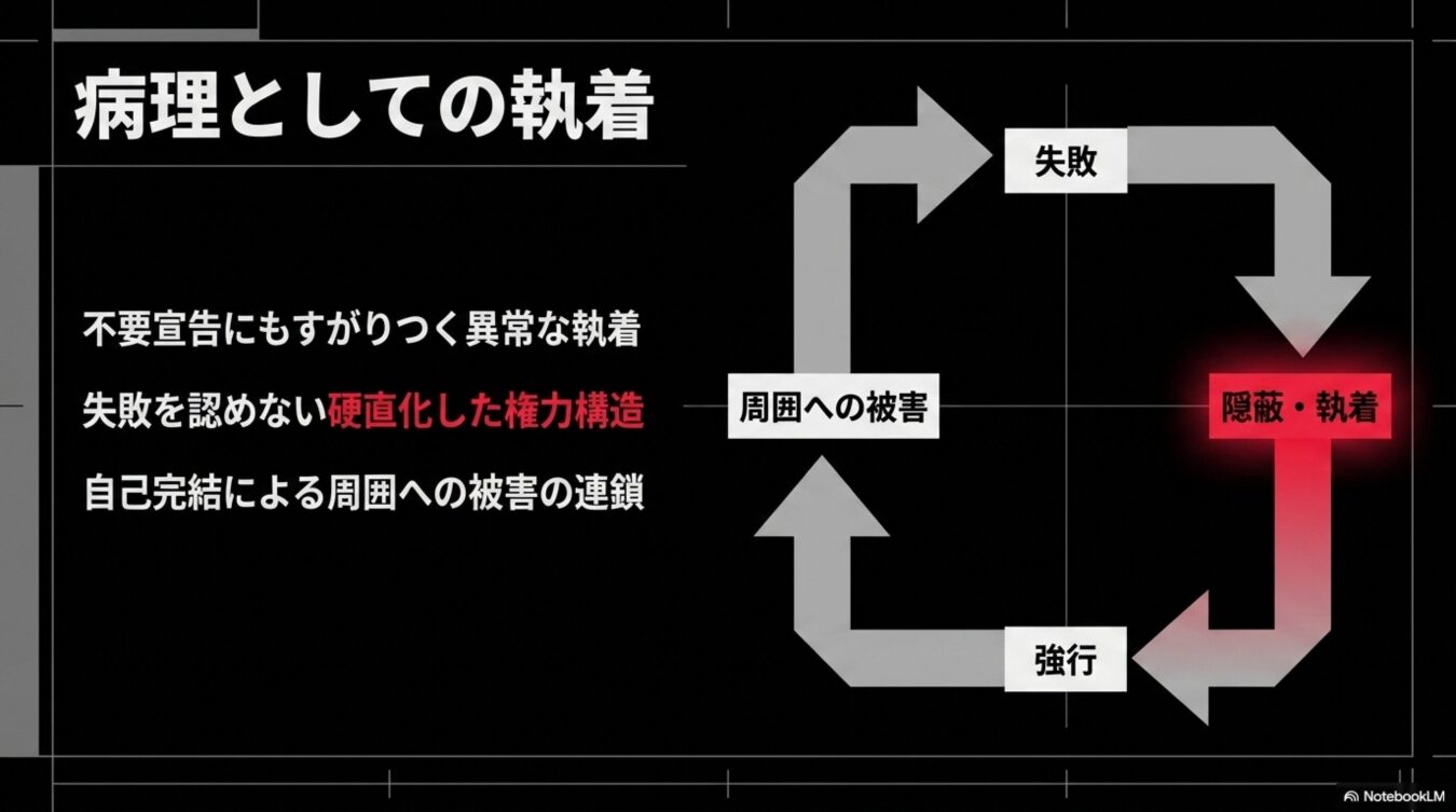 「病理としての執着」という表題のもと、失敗から隠蔽・執着、強行、周囲への被害へと連鎖する負の循環図と、硬直化した権力構造に関する説明が記載された図解。