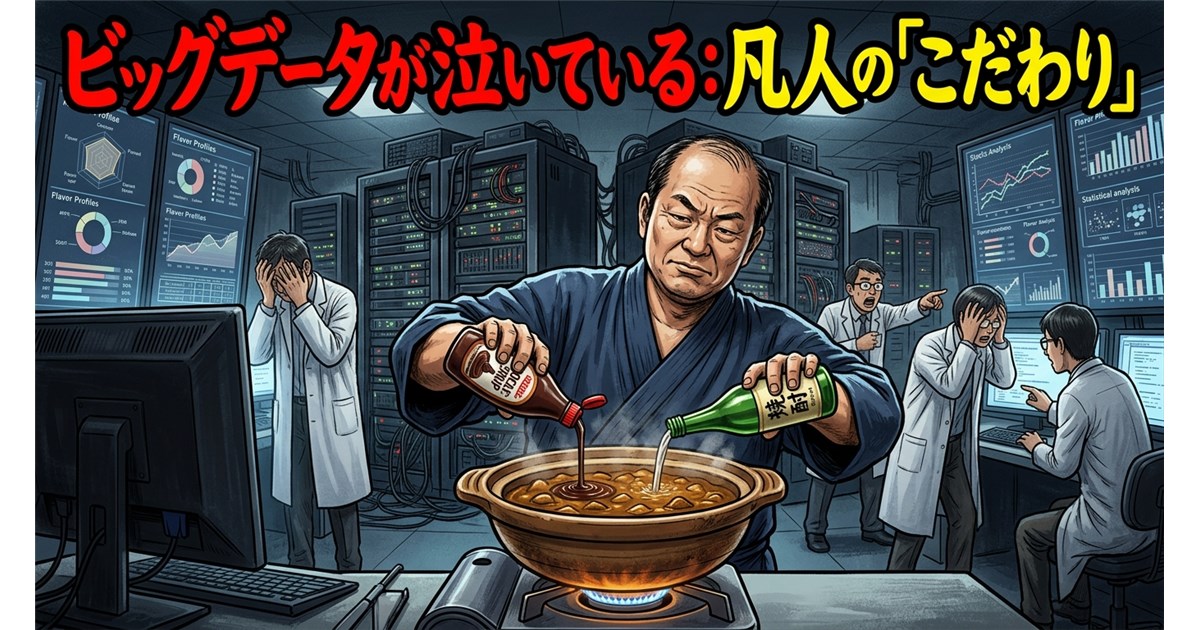 Prompt: A highly cynical and high-contrast illustration of a stubborn, middle-aged man in traditional Japanese clothing, arrogantly pouring chocolate syrup and cheap liquor into a perfectly cooked pot of commercial curry. In the background, massive supercomputers, data charts, and scientists in lab coats look on in absolute despair and disbelief. Dark humor, political satire style, dramatic lighting, highly detailed. --ar 16:9 意図: 「巨大資本とデータの結晶（プロシージャー）」に対して、「個人の矮小な主観」で挑んで台無しにする滑稽さを、一枚の絵でシニカルに表現します。