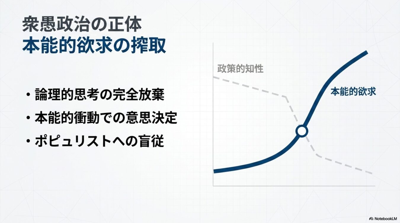 「衆愚政治の正体」というタイトルとともに、本能的欲求が強まるほど政策的知性が低下する様子を対比させたグラフと、論理的思考の放棄やポピュリストへの盲従を挙げる箇条書きが表示されたスライド。