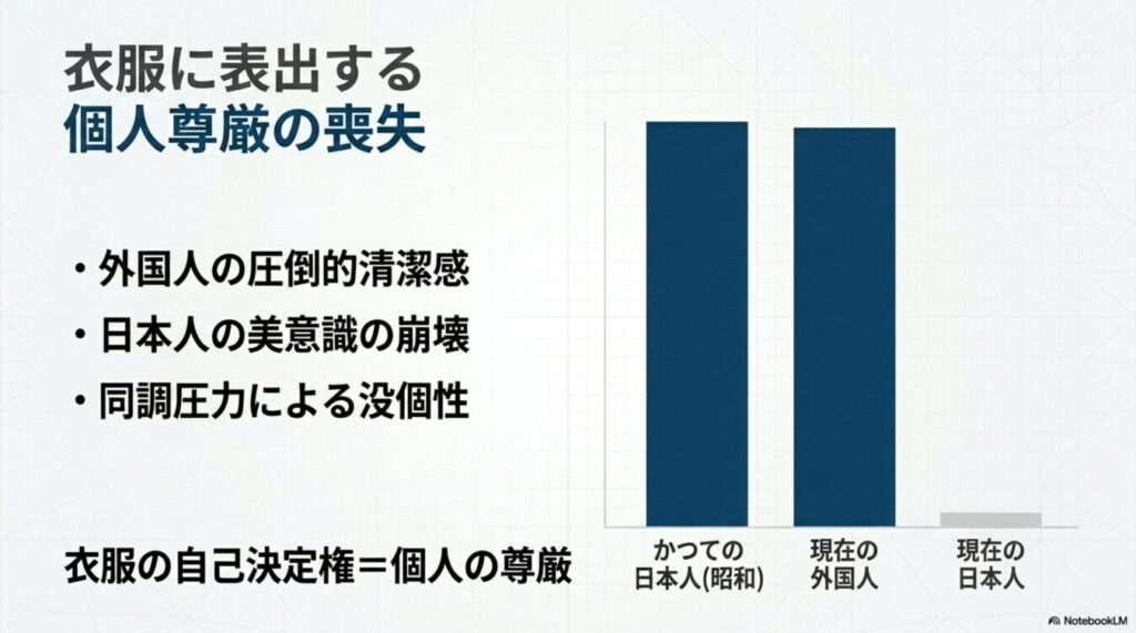 「衣類に表出する個人尊厳の喪失」という表題のもと、過去の日本人と現在の外国人は高い水準で、現在の日本人は極めて低い水準で描かれた棒グラフと、その背景にある「清潔感」「美意識」「同調圧力」といった要素を箇条書きで並べた図。