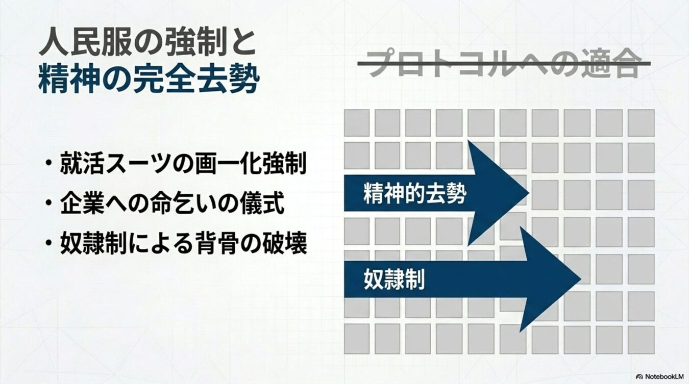 「人民服の強制と精神の完全去勢」という見出しと、「就活スーツの画一化強制」「企業への命乞いの儀式」「奴隷制による背骨の破壊」という箇条書き、および「プロトコルへの適合」という言葉と「精神的去勢」「奴隷制」と書かれた矢印が配置された図表。