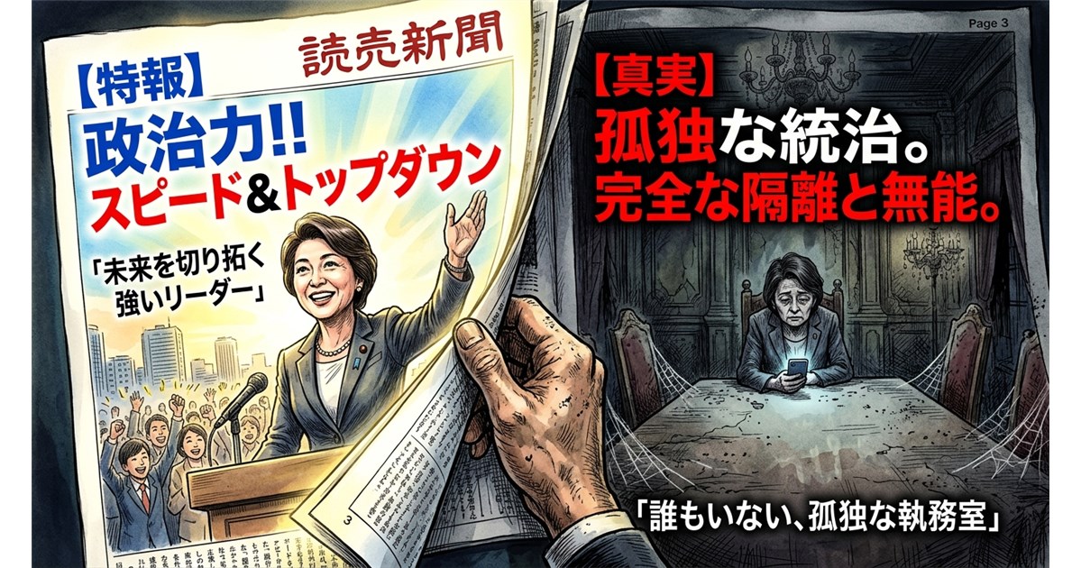 Prompt: A cynical, highly detailed political cartoon illustration. On the left side, a glowing, heroic newspaper front page reading "SPEED & TOP DOWN" with a portrait of a proud politician. A hand is halfway flipping this page to reveal the dark, chaotic third page showing the same politician sitting completely alone at a massive, empty dining table, looking at a smartphone, with cobwebs around her and text reading "TOTAL ISOLATION & INCOMPETENCE". Dramatic lighting, satirical tone. --ar 16:9 意図: 「1面の勇ましい虚像」と、紙をめくった先にある「3面の孤独で無能な実像」という読売新聞の極上エンタメを、一枚の皮肉なイラストで視覚化します。