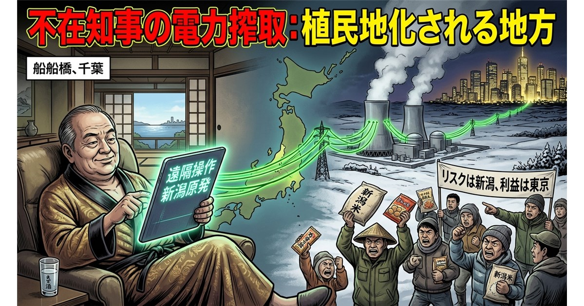 遠隔操作で新潟の原発から東京へ電力を送る人物と、それに対して「リスクは新潟、利益は東京」と抗議する新潟の人々を描いた風刺画。