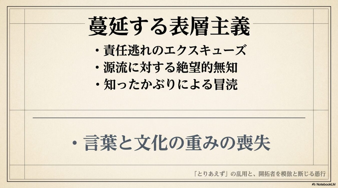 蔓延する表層主義という見出しのもと、責任逃れや無知による冒涜、言葉と文化の喪失といった、現代社会における安易な模倣や批判的思考の欠如を指摘するスライド構成。