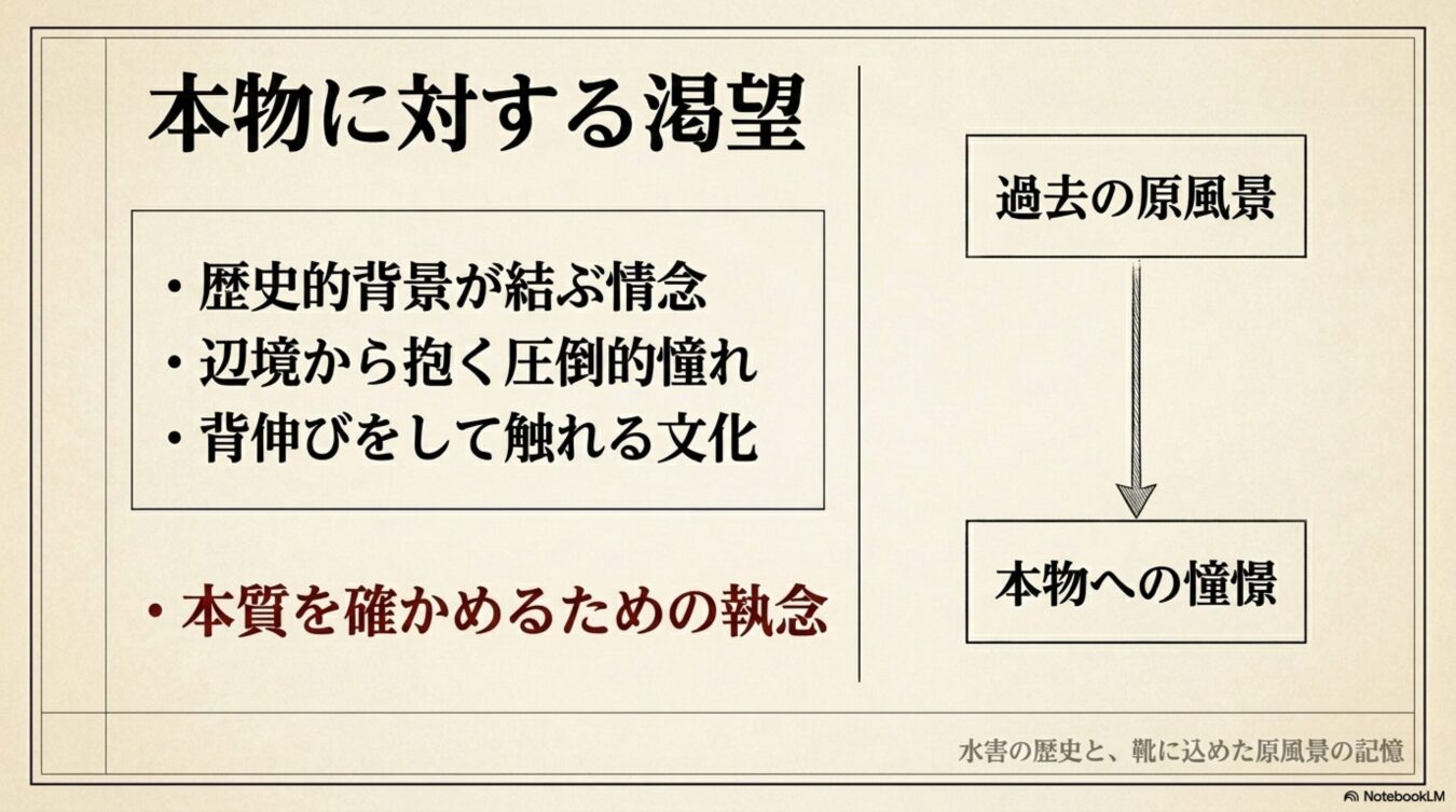 本物に対する渇望と本質への執念をテーマに、過去の原風景から本物への憧憬に至る心理的プロセスを整理した図解。