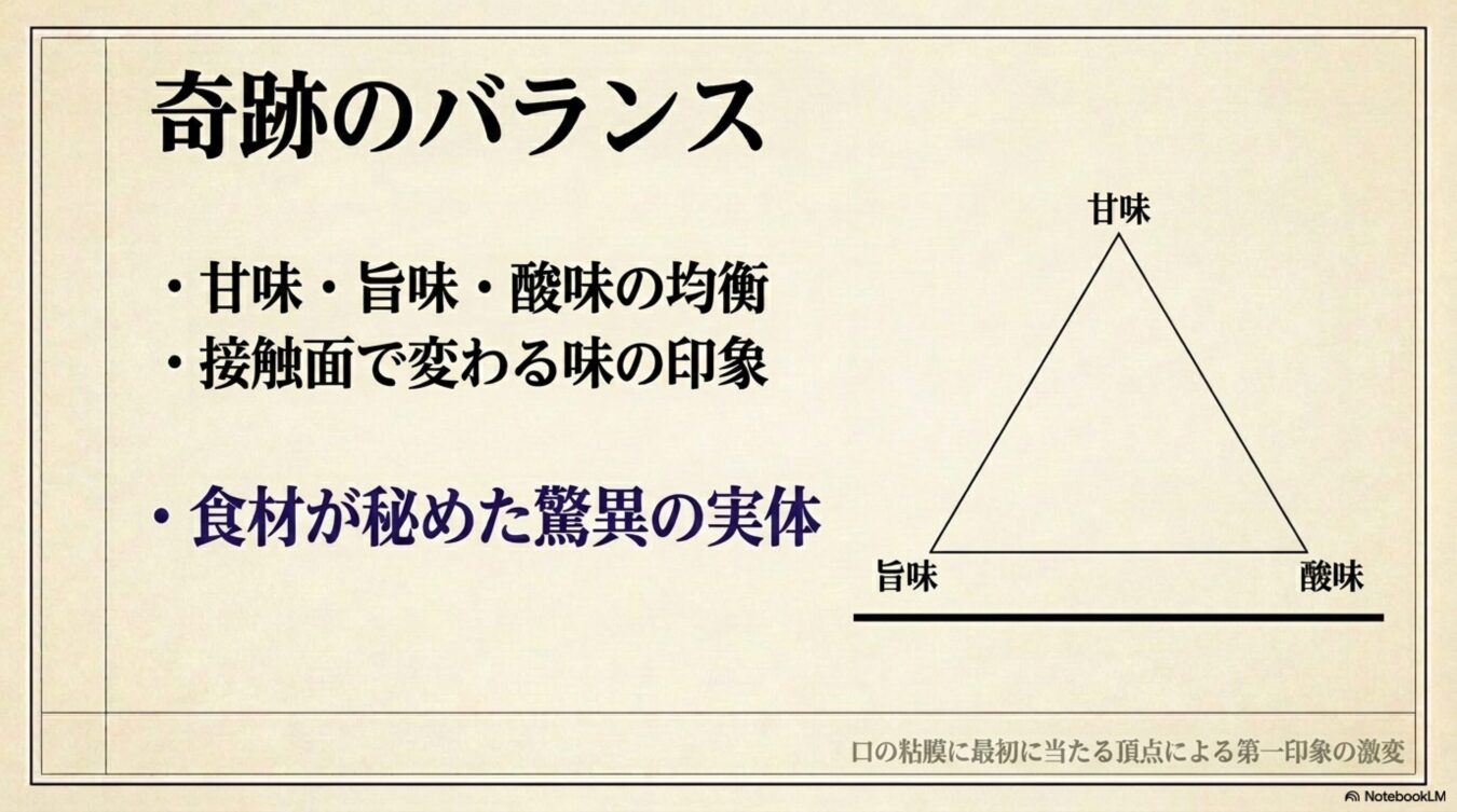 甘味・旨味・酸味のバランスを示す三角形の図。口の粘膜への接触面によって味が変化する仕組みと、食材が秘めた驚異の実体について解説している。