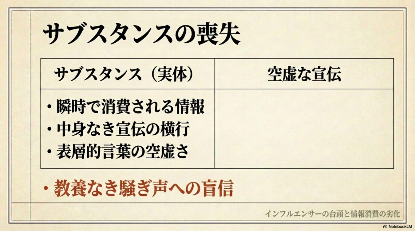 サブスタンスの喪失をテーマに、瞬時で消費される情報や中身のない宣伝、教養なき騒ぎ声への盲信など、情報消費の劣化とインフルエンサーの台頭について整理した図解。