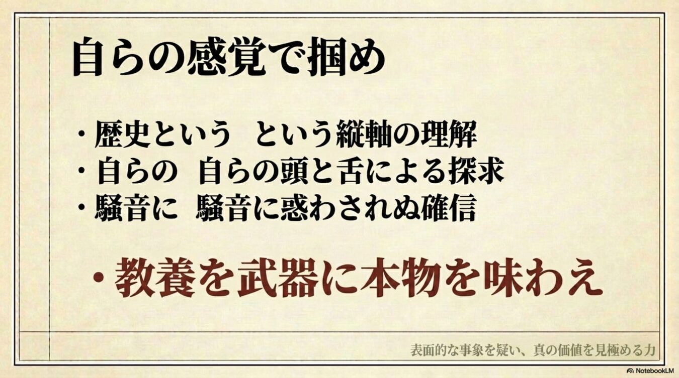 自らの感覚で掴み、歴史の理解や独自の探求、揺るぎない確信を持つこと。教養を武器に本物を味わい、表面的な事象を疑い真の価値を見極める力の重要性。