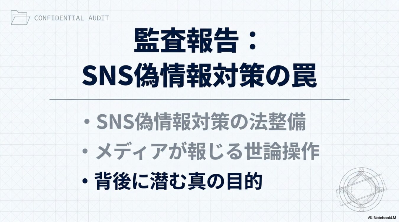 監査報告：SNS偽情報対策の罠というタイトルで、法整備、世論操作、背後に潜む真の目的の3点を取り上げる資料の表紙。