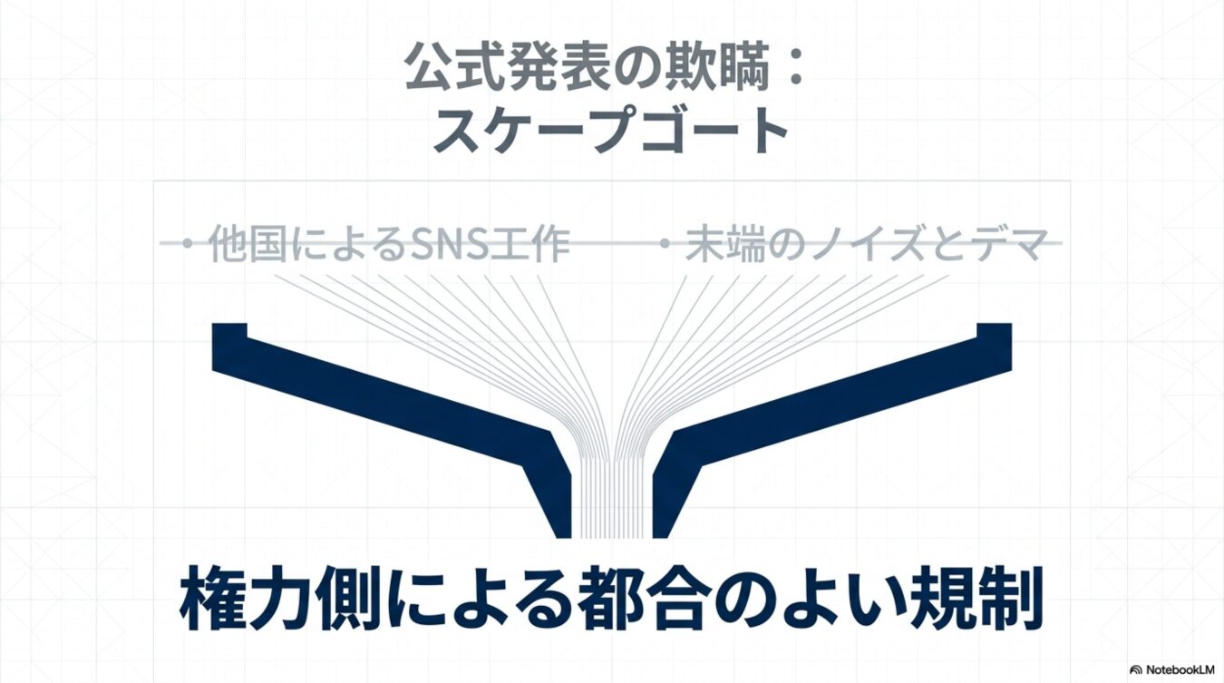 公式発表の欺瞞として、他国によるSNS工作やデマを口実に、権力側が都合よく規制を正当化する構造を示した図解。