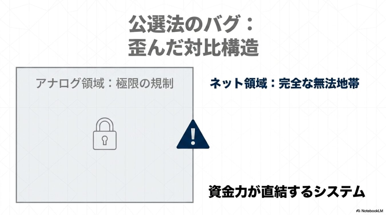 公職選挙法の歪な構造を説明する図。アナログ領域は極限の規制、ネット領域は完全な無法地帯であり、両者が資金力に直結する現状を示している。
