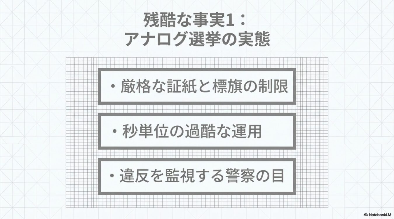 残酷な事実1：アナログ選挙の実態として、証紙や標旗の厳格な制限、秒単位の過酷な運用、警察による監視という三つの問題点を列挙。