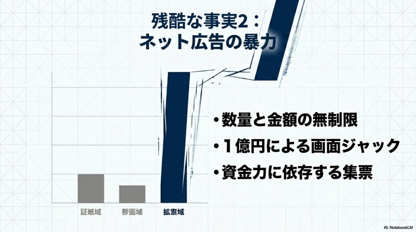 残酷な事実2：ネット広告の暴力と題した図解。証紙域や椴面域に比べ、資金力で圧倒するネット広告が市場を占有する現状と、無制限な金額投入による影響を解説しています。（59文字）