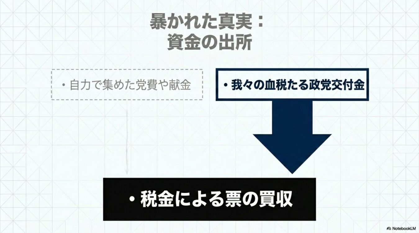 政党の資金源を党費・献金と政党交付金に分類し、政党交付金が税金による票の買収につながるという主張を示す図。