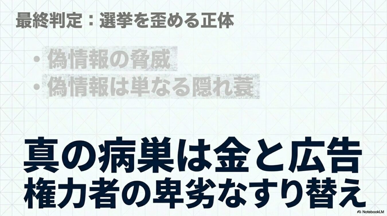 最終判定として選挙を歪める正体は偽情報ではなく、金と広告を背景にした権力者による責任のなすり合いであると主張する図。