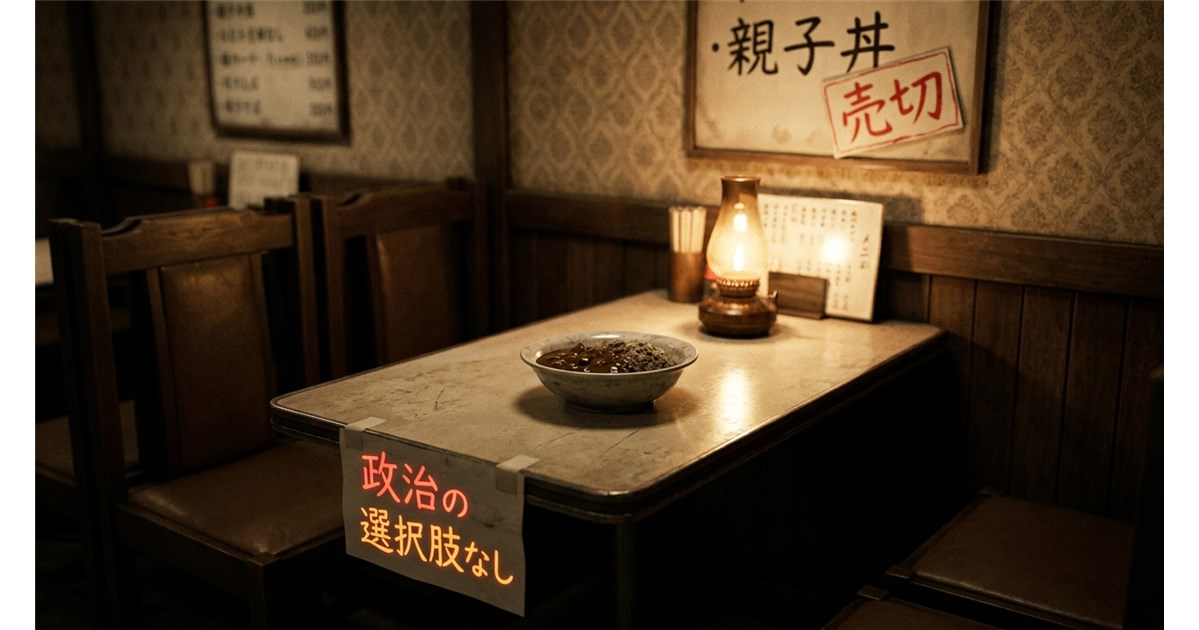 レトロな食堂のテーブルに置かれた一椀の料理と、「政治の選択肢なし」と書かれた紙が貼られた机、壁には「親子丼 売切」の張り紙がある様子。