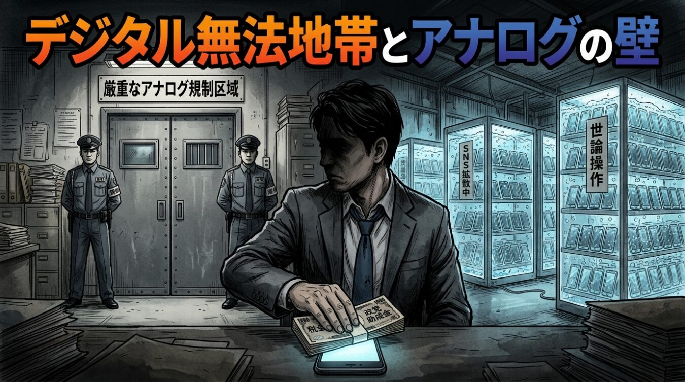 背景には厳重な二重扉と冷却液に浸された大量のスマートフォン（SNS農場）が青白く光る構図。その手前で、顔の見えないスーツ姿の政治家が、分厚い札束（税金・政党交付金）をスマートフォンの画面に押し付けているダークでシニカルなイラスト。アナログの厳しい規制とデジタルの無法地帯というコントラストを強調する