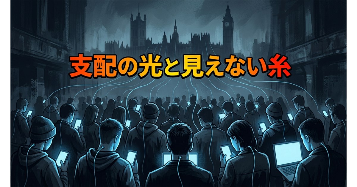 ビジュアル: 薄暗い部屋の中、スマートフォンやパソコンの画面が発する青白い光（ブルーライト）に照らされた、無表情な群衆の後ろ姿。 構図: 画面の奥には「権力の象徴（巨大な影や国会議事堂のシルエット）」がぼんやりと浮かんでおり、群衆がそれに操られているような糸（あるいはコード）が繋がっている不気味なイラスト。 トーン: 冷たくシニカルな色合い（ネイビー、グレー、サイバーブルー）