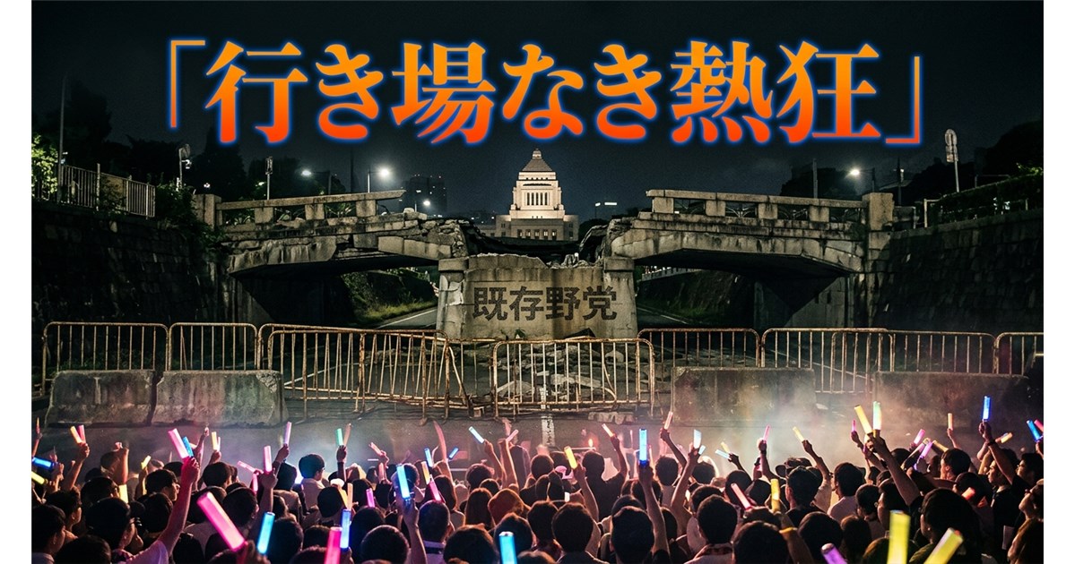 色とりどりのペンライトが光り、音楽フェスのように熱狂する路上の空間。しかし、そのすぐ先にある「国会議事堂」への道は、古びたバリケードと「既存野党」と書かれた壊れた橋によって完全に分断されている、エネルギーの行き場のない絶望感を表現した構図。