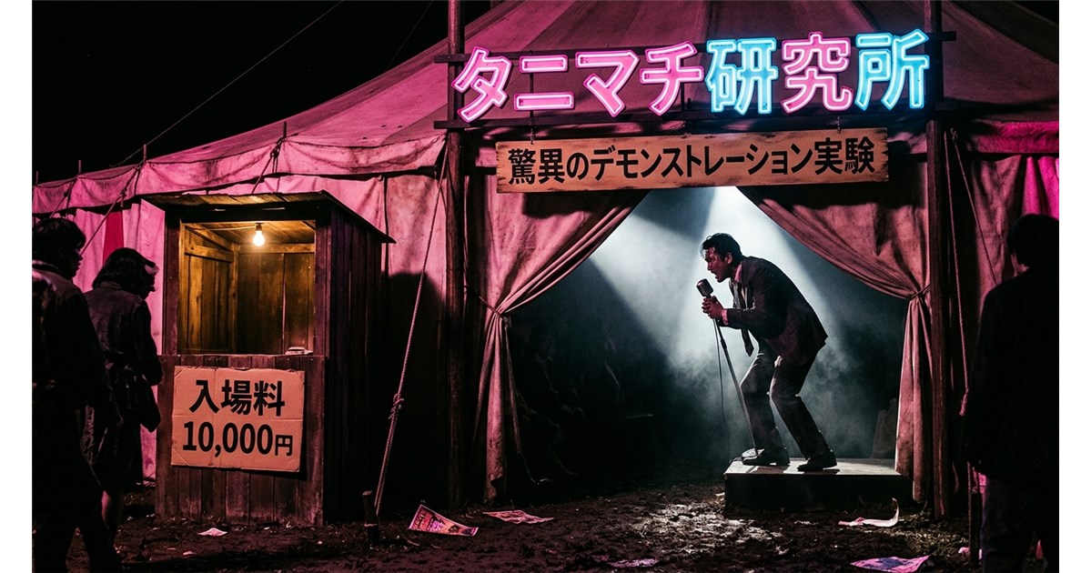 「タニマチ研究所」というネオンサインが掲げられた屋外テントのステージで、マイクに向かって叫ぶスーツ姿の男と、その横にある「入場料10,000円」と書かれた木造の受付小屋。