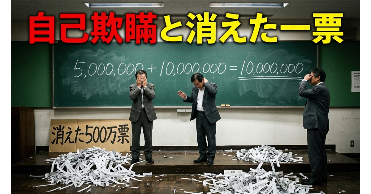黒板に「5,000,000 + 10,000,000 = 10,000,000」と書かれ、足元にシュレッダーにかけられた紙くずと「消えた500万票」と書かれた看板がある教室で、困惑した様子の3人の男性が立っている様子。