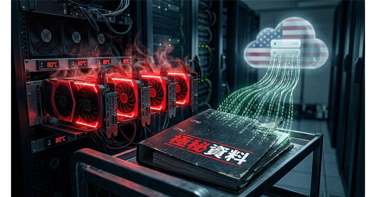 薄暗いサーバールームで赤く異常発熱（80度）しているグラフィックボードの列。その手前に「国家機密（TOP SECRET）」と押印された物理的なバインダーが置かれ、そこから文字がデジタルデータ（0と1）に分解されて、背後の「アメリカの国旗が微かに浮かぶクラウドサーバー」へと吸い込まれていく様子を描いたシニカルな構図。