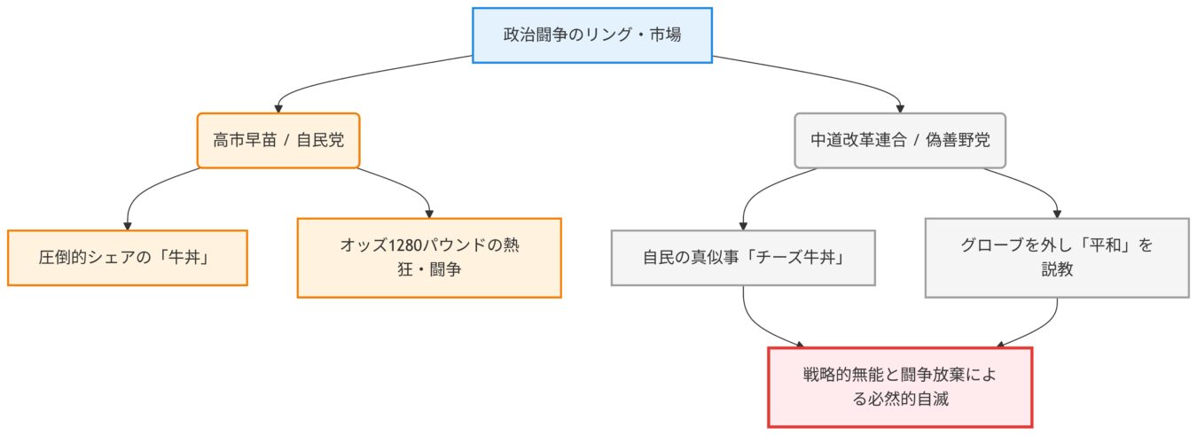 「政治闘争のリング・市場」を頂点とし、左側に「高市早苗/自民党」を中心とした「牛丼」と「熱狂・闘争」の系統、右側に「中道改革連合/偽善野党」を中心とした「チーズ牛丼」と「説教」の系統が並び、最終的に「戦略的無能と闘争放棄による必然的自滅」へと至る構造を示すフローチャート。