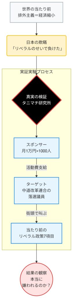 「世界の当たり前:排外主義=経済縮小」から始まり、日本の政治状況に対する検証プロセスを経て「結果の観察:本当に嫌われるのか?」へと至る流れを示した、フローチャート形式の概念図。