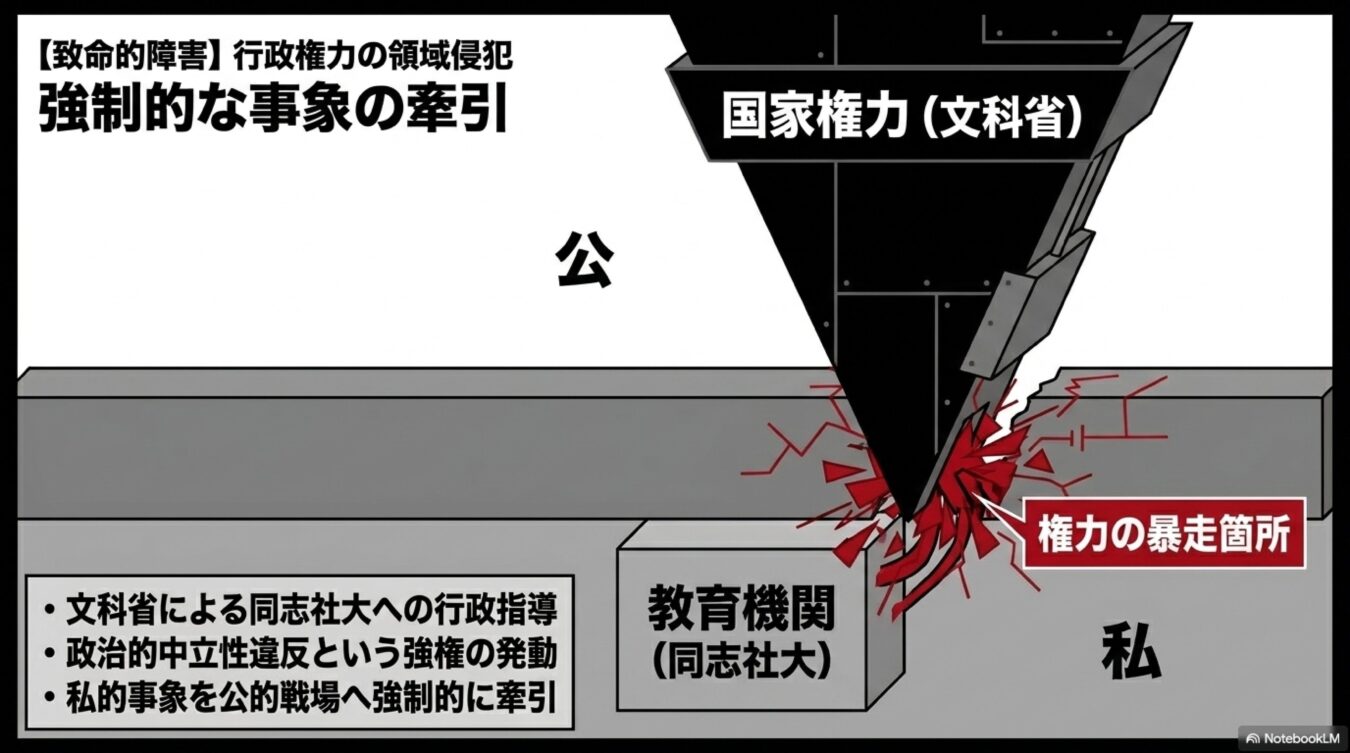 文科省による同志社大への行政指導を国家権力による私的領域への侵害と位置づけ、その強権的な介入と構造的な問題を批判的に図解した資料。