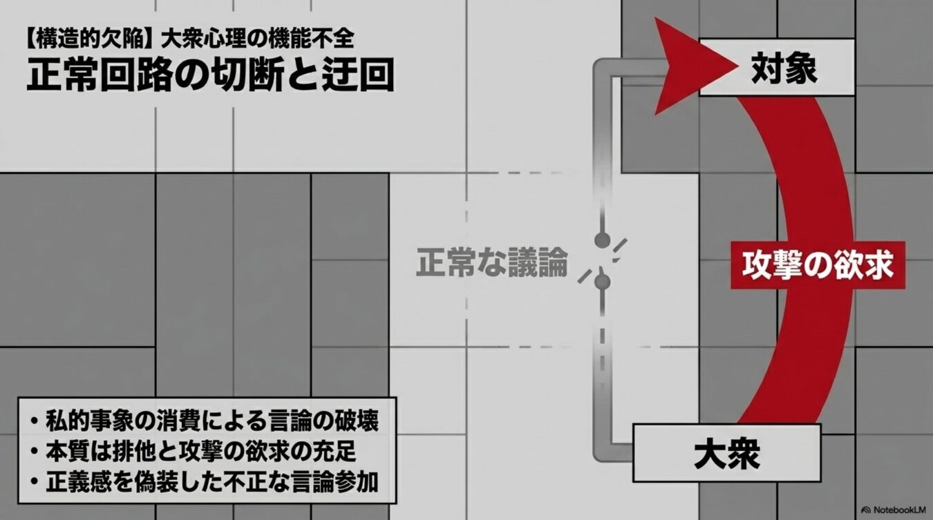 正常な議論の回路が遮断され、大衆の攻撃欲求が対象へと迂回する構造的欠陥を示した図解。排他的な言論破壊の仕組みを解説しています。