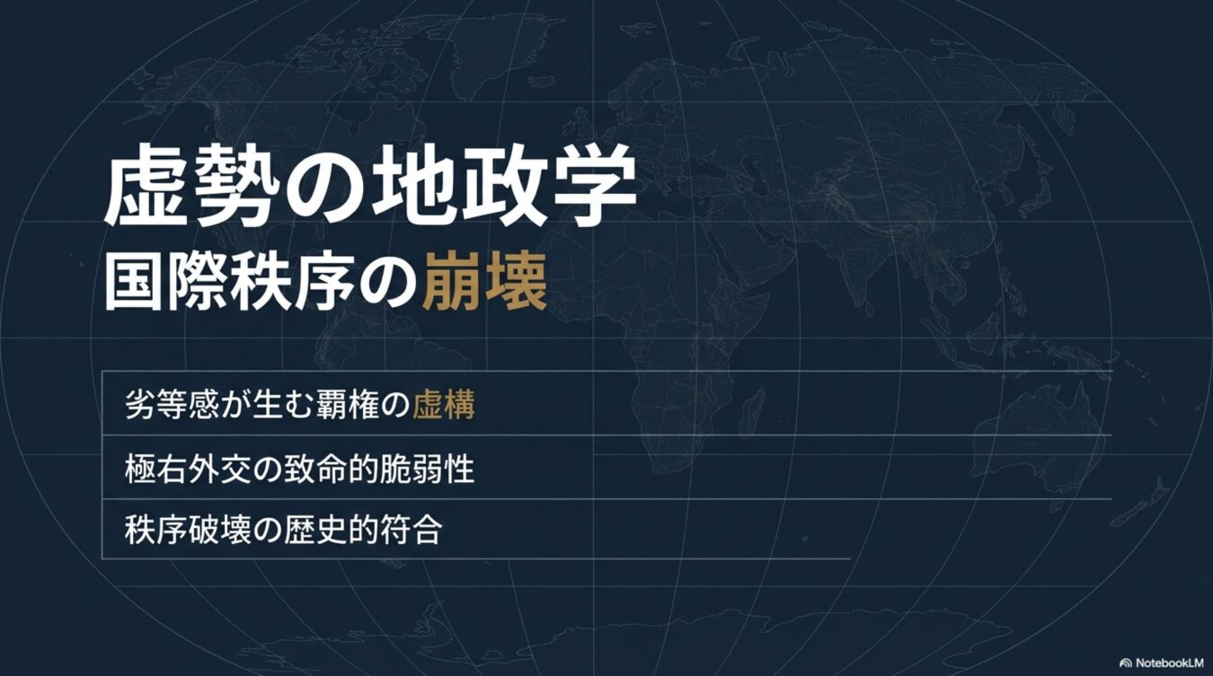 虚勢の地政学 国際秩序の崩壊というタイトルで、劣等感が生む覇権や極右外交の脆弱性、秩序破壊の歴史的符合を解説する資料スライド。