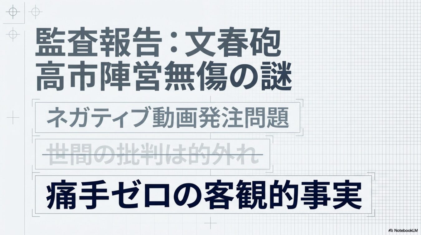 監査報告：文春砲、高市陣営無傷の謎と題し、ネガティブ動画発注問題における世間の批判と痛手ゼロの客観的事実についてまとめた資料の表紙。