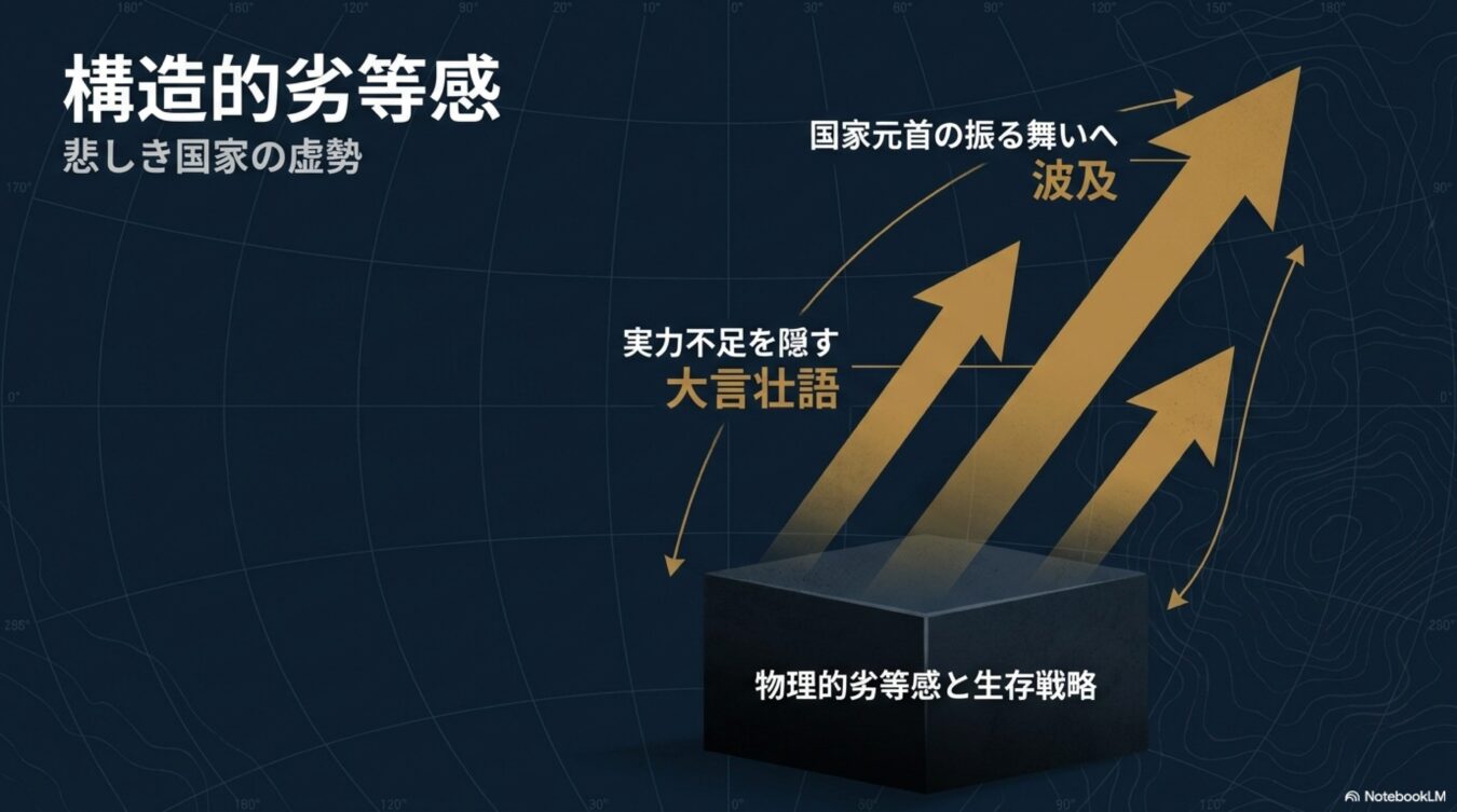 構造的劣等感が物理的劣等感から大言壮語へと転じ、国家元首の振る舞いにまで波及する過程を示した概念図。