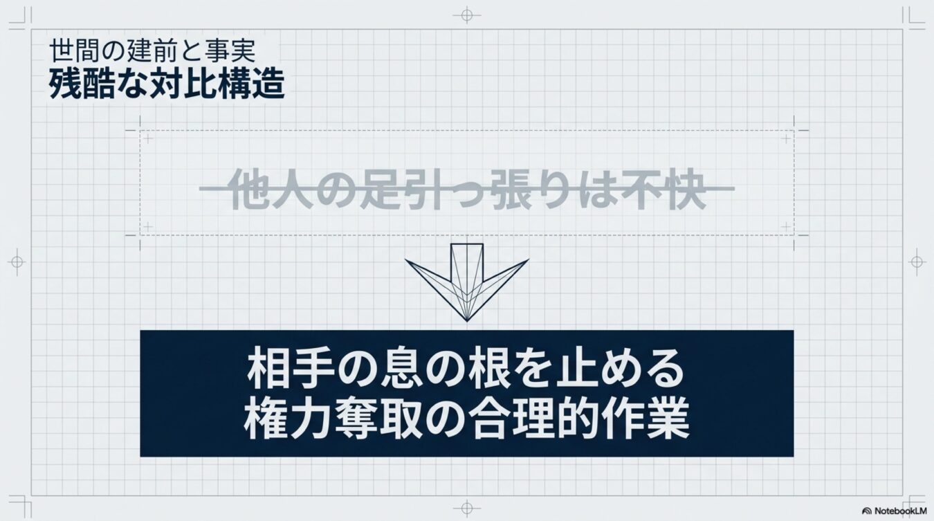 世間の建前である他人の足引っ張りは不快と、事実である相手の息の根を止める権力奪取の合理的作業という残酷な対比構造。