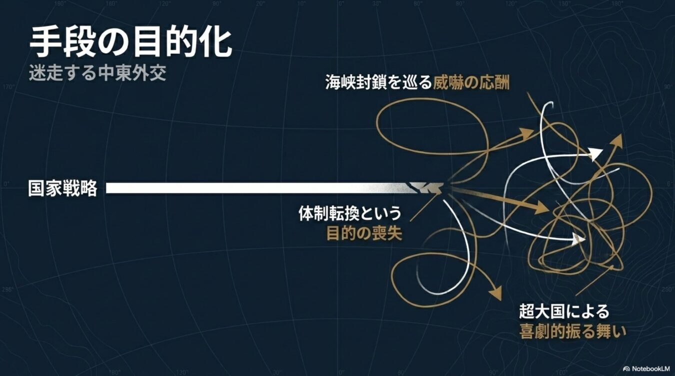 手段の目的化による迷走する中東外交の概念図。一本の矢印で示された国家戦略が、目的を喪失し、複雑に絡まりながら無秩序に拡散していく様子を表現している。