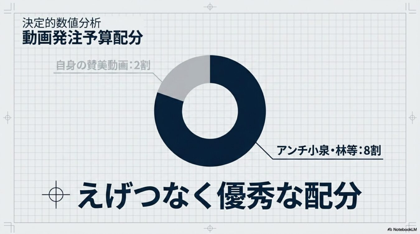 動画発注予算配分の円グラフ。自身の賛美動画が2割、アンチ小泉・林等が8割を占める様子をえげつなく優秀な配分と表現している。