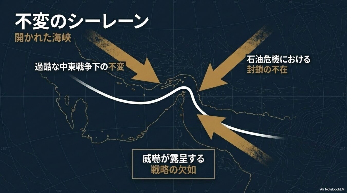 不変のシーレーン：開かれた海峡を主題とした地図。中東戦争や石油危機などの歴史的状況下における戦略的要衝の重要性を、矢印を用いて解説している。