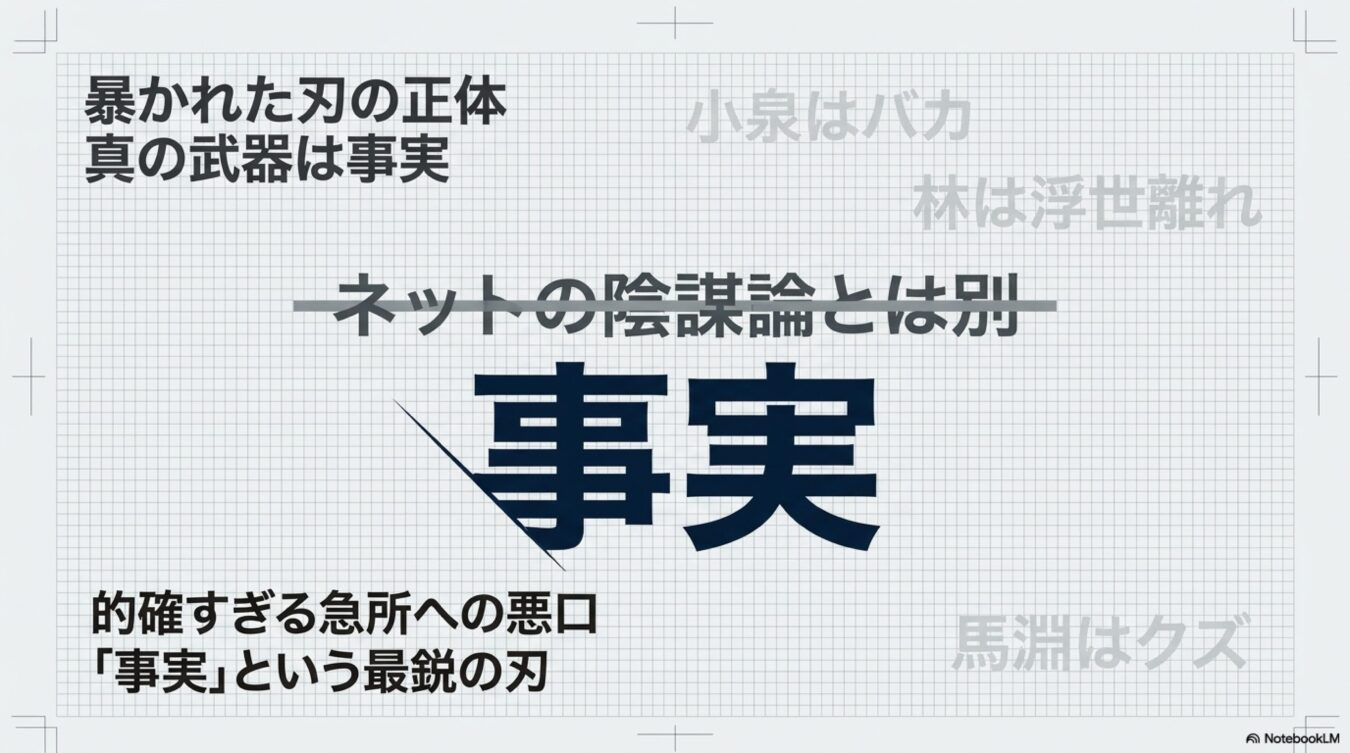 事実を最鋭の武器と捉え、ネットの陰謀論や悪口とは一線を画す主張を強調した、ノートブック形式のグラフィックデザイン。