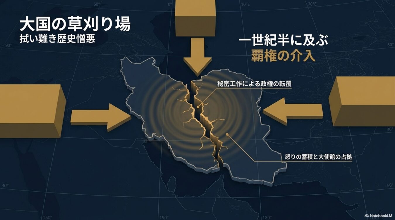 イランを舞台に、周辺大国による政治介入や歴史的な対立が深まり、政権転覆や大使館占拠といった紛争の火種となった歴史的背景を解説する図解。
