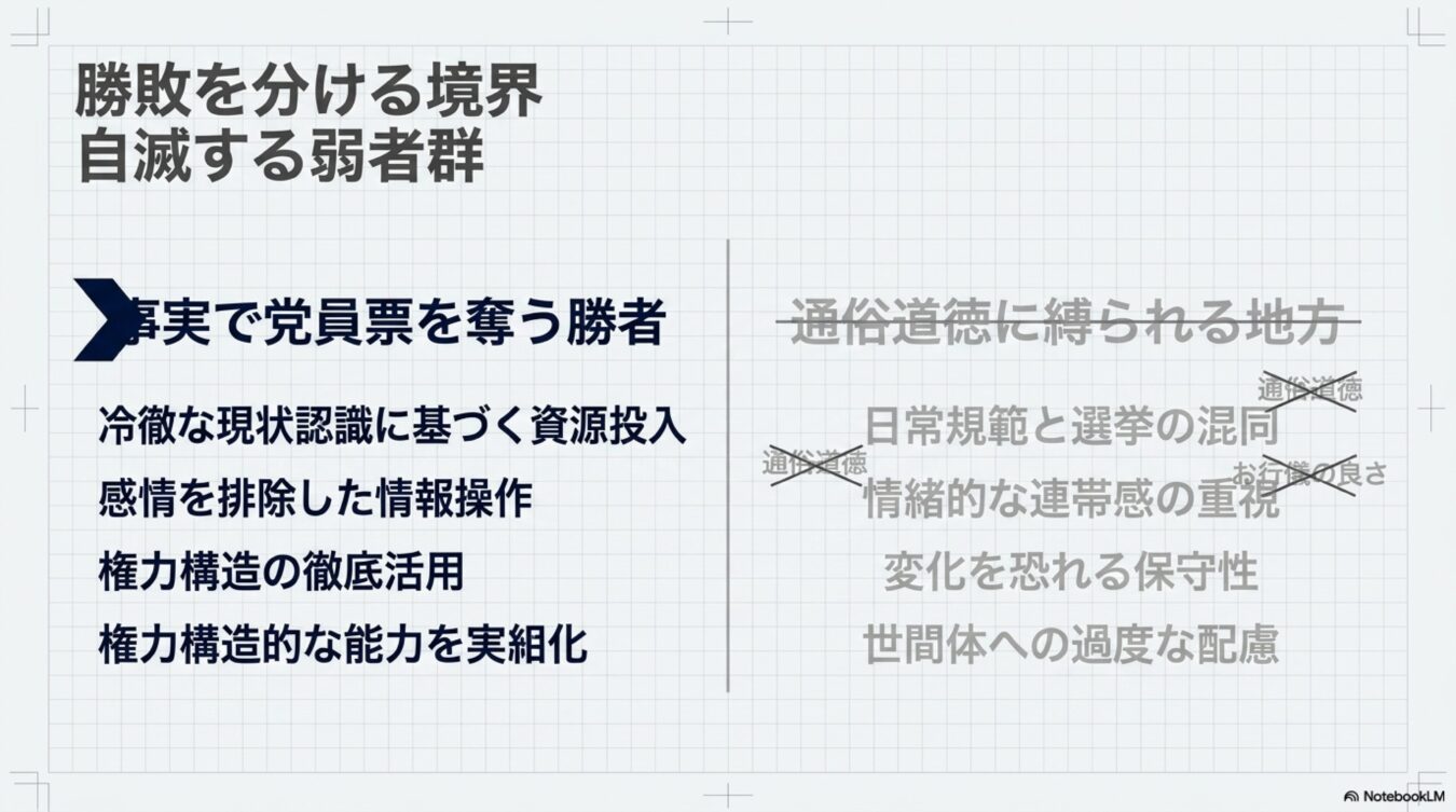 勝敗を分ける境界をテーマに、戦略的に党員票を奪う勝者と、通俗道徳や世間体に縛られ自滅する弱者群の特性を対比させた比較表。