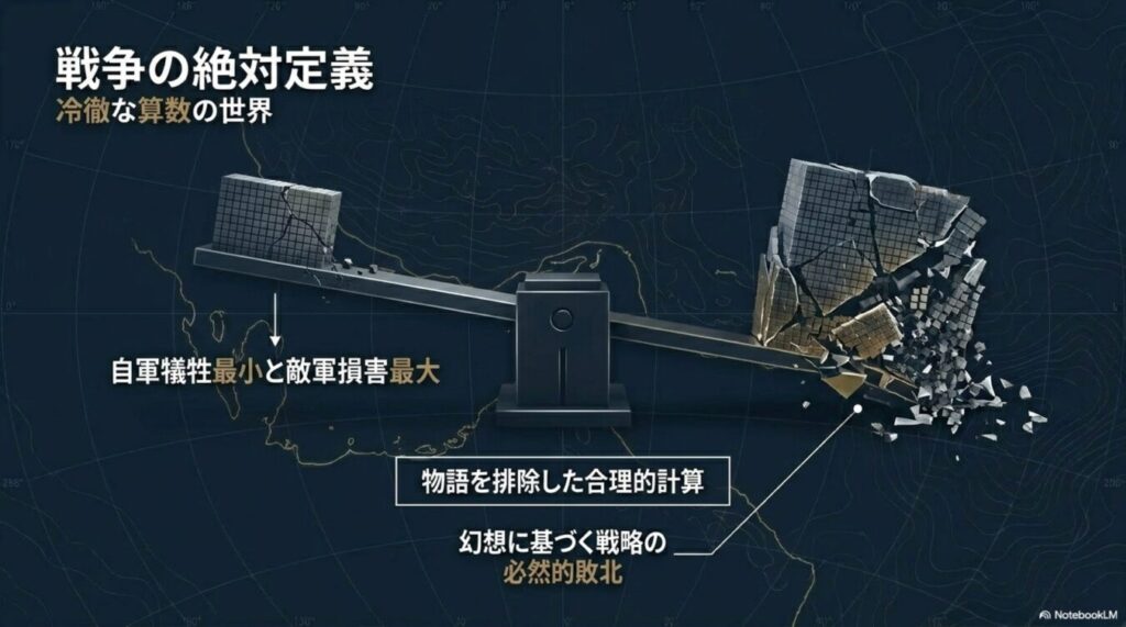 天秤で自軍の犠牲最小と敵軍の損害最大を比較し、物語を排した合理的計算による戦略の必然的な敗北を表現した図。