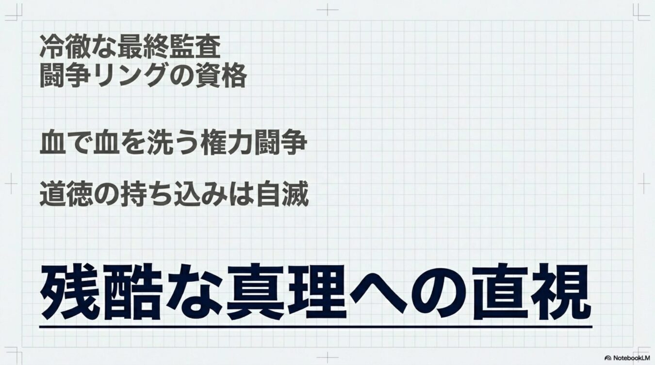 冷徹な最終監査、闘争リングの資格、血で血を洗う権力闘争、道徳の持ち込みは自滅、残酷な真理への直視という強い言葉が記されたグリッド背景の図。