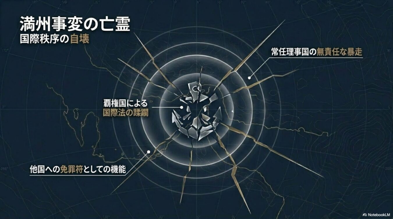 満州事変を契機とした国際秩序の自壊を示す図解。常任理事国の暴走国際法の蹂躙他国への免罪符としての機能という三つの要素が、砕けた紋章を中心に放射状に示されている。