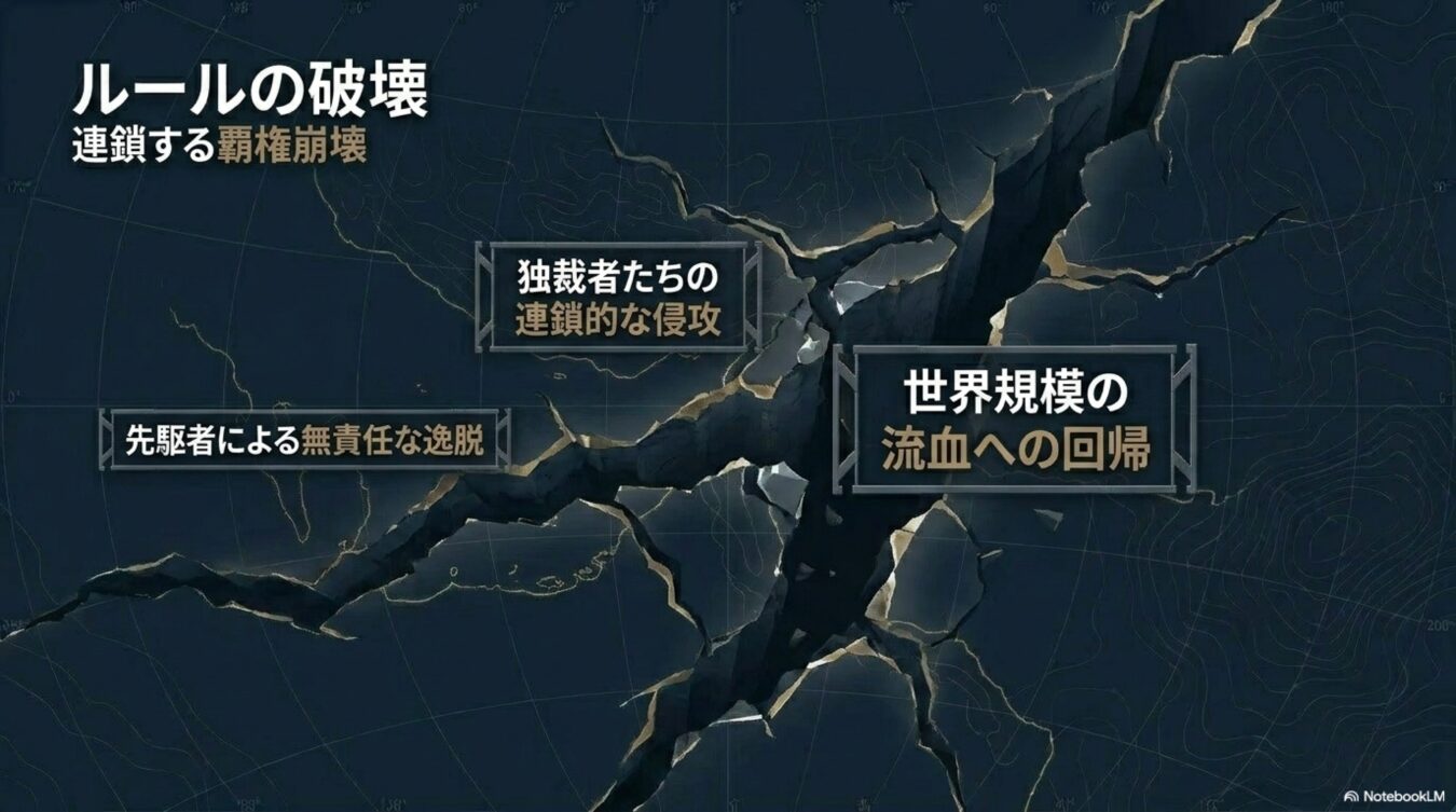 ルールの破壊と覇権崩壊をテーマに、独裁者の侵攻や流血の回帰といった世界情勢の悪化を示す危機的な概念図。