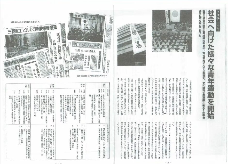 昭和48年から51年までの青年運動と、三菱重工ビル爆破事件などの社会情勢をまとめた歴史資料の紙面。(58文字)
