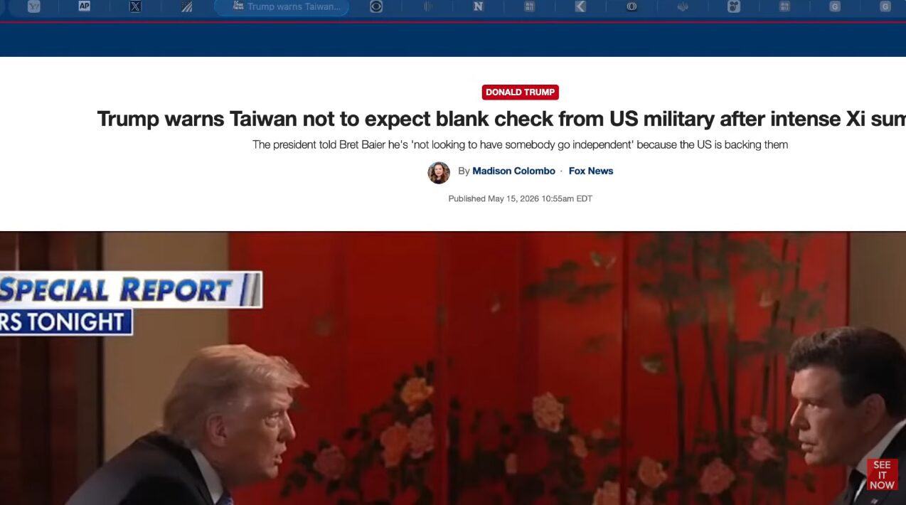 米軍の支援に過度な期待をしないよう台湾へ警告するドナルド・トランプ氏が、テレビ番組で対談する様子。