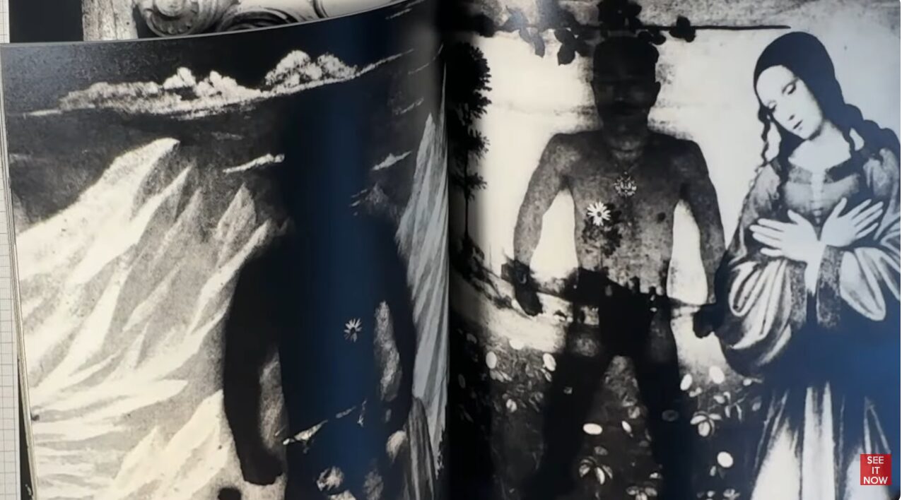 白黒の版画や絵画のような見開きページ。左側には影のような人物、右側には胸に花をつけた三島由紀夫と女性が並んで描かれている。